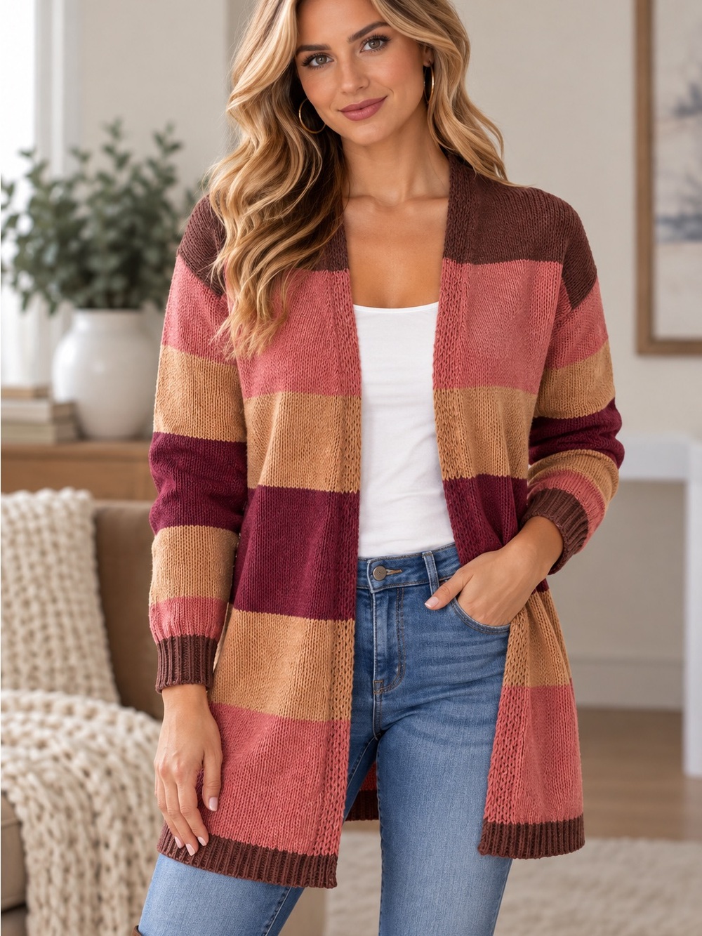 Umgee Striped Open-Front Cardigan in Rose, Burgundy & Tan